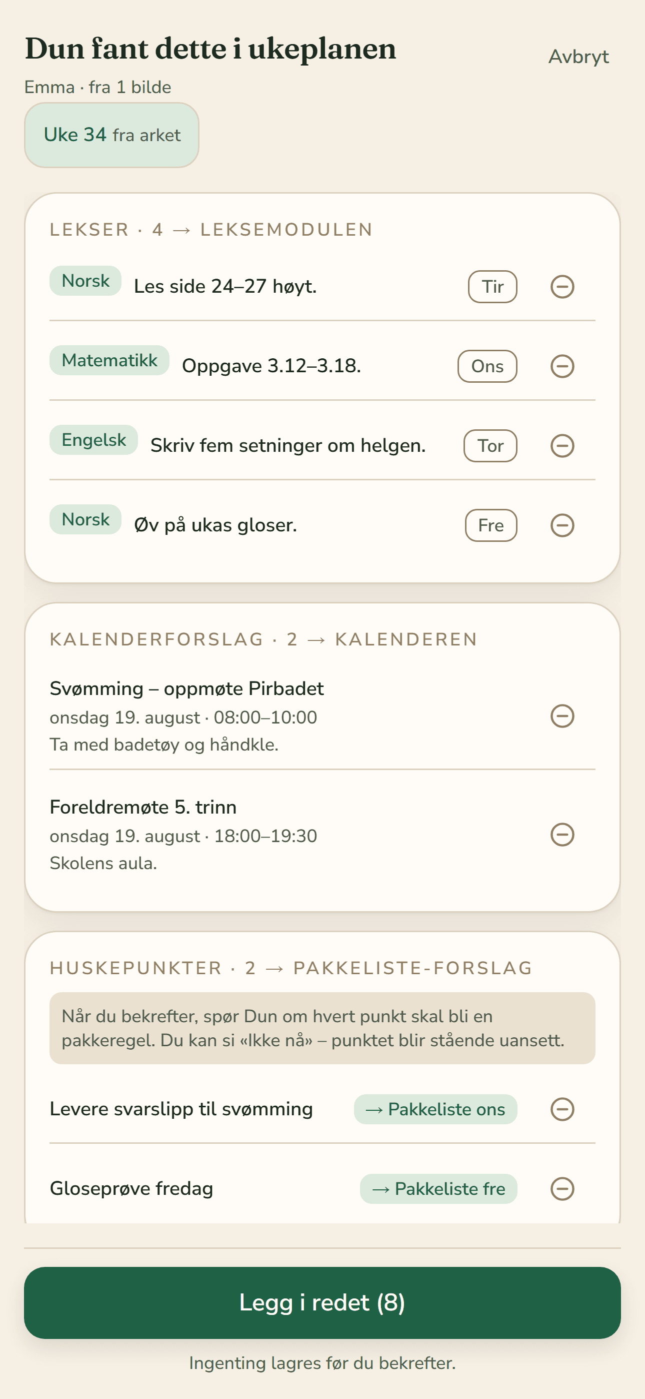 Godkjenningskortet i Redet: funnene fra arket listet opp, med det usikre markert for retting.