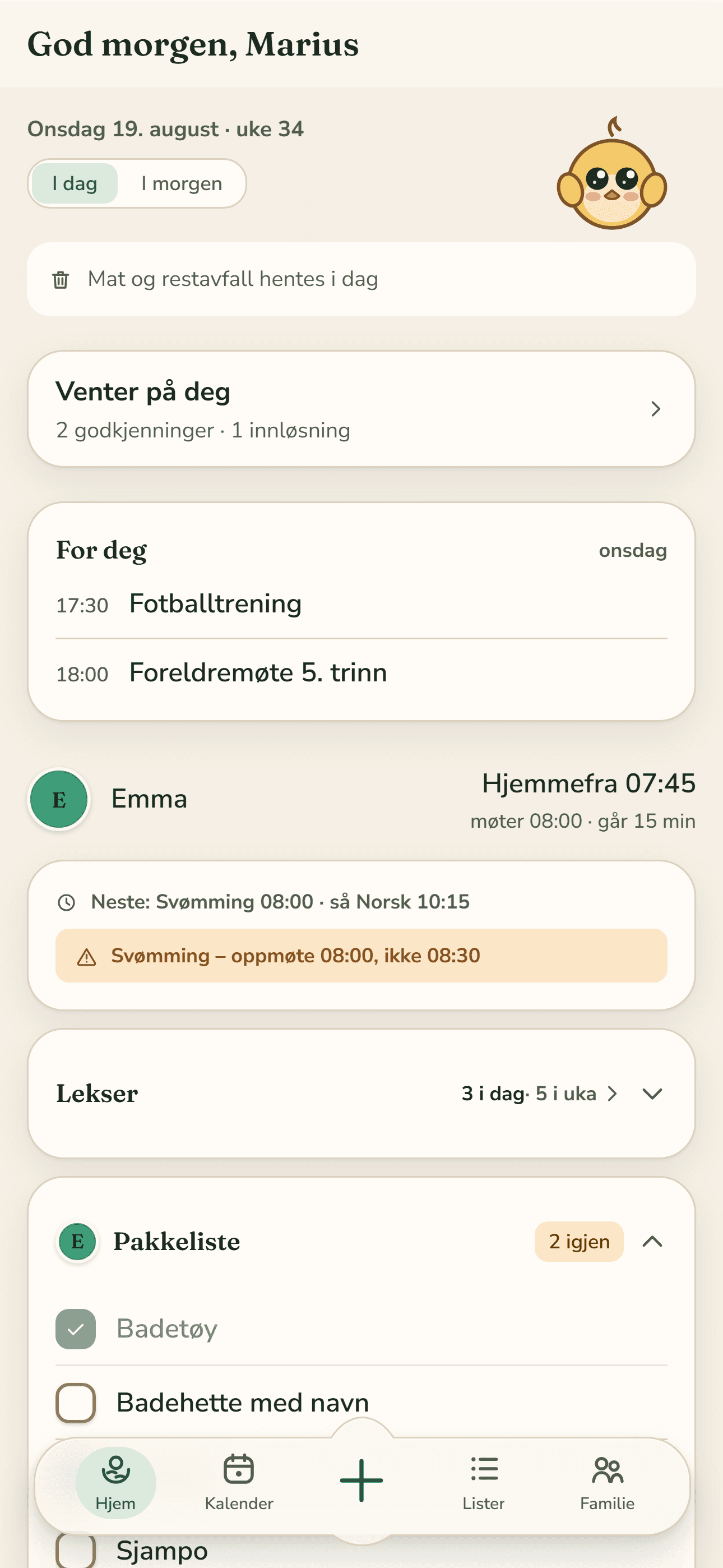 Hjem-visningen i Redet: dagen til familien i uke 36, med Jennies og Olivers avtaler, lekser og huskepunkter.
