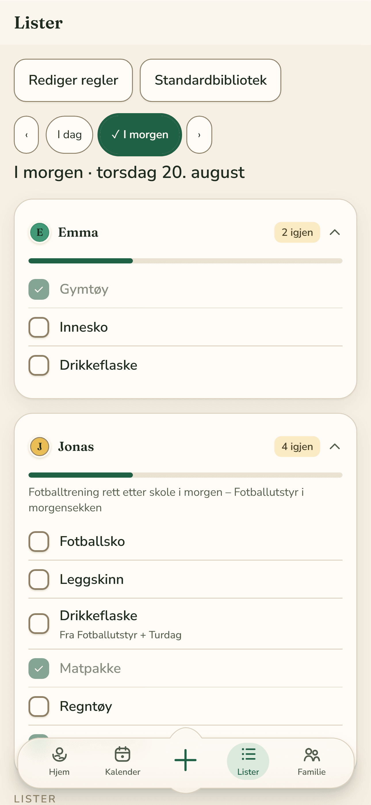 Pakkelista i barnas visning: dagens punkter med avhuking, uten voksenting på skjermen.