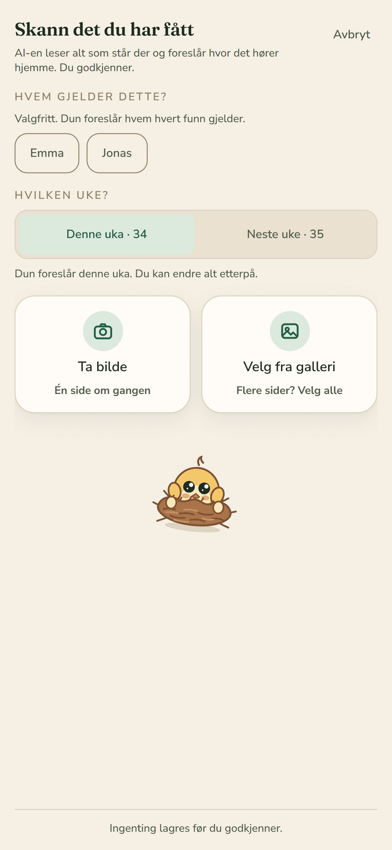 Skanne-inngangen i Redet: velg hvem planen gjelder og hvilken uke, ta bilde eller velg fra galleriet.